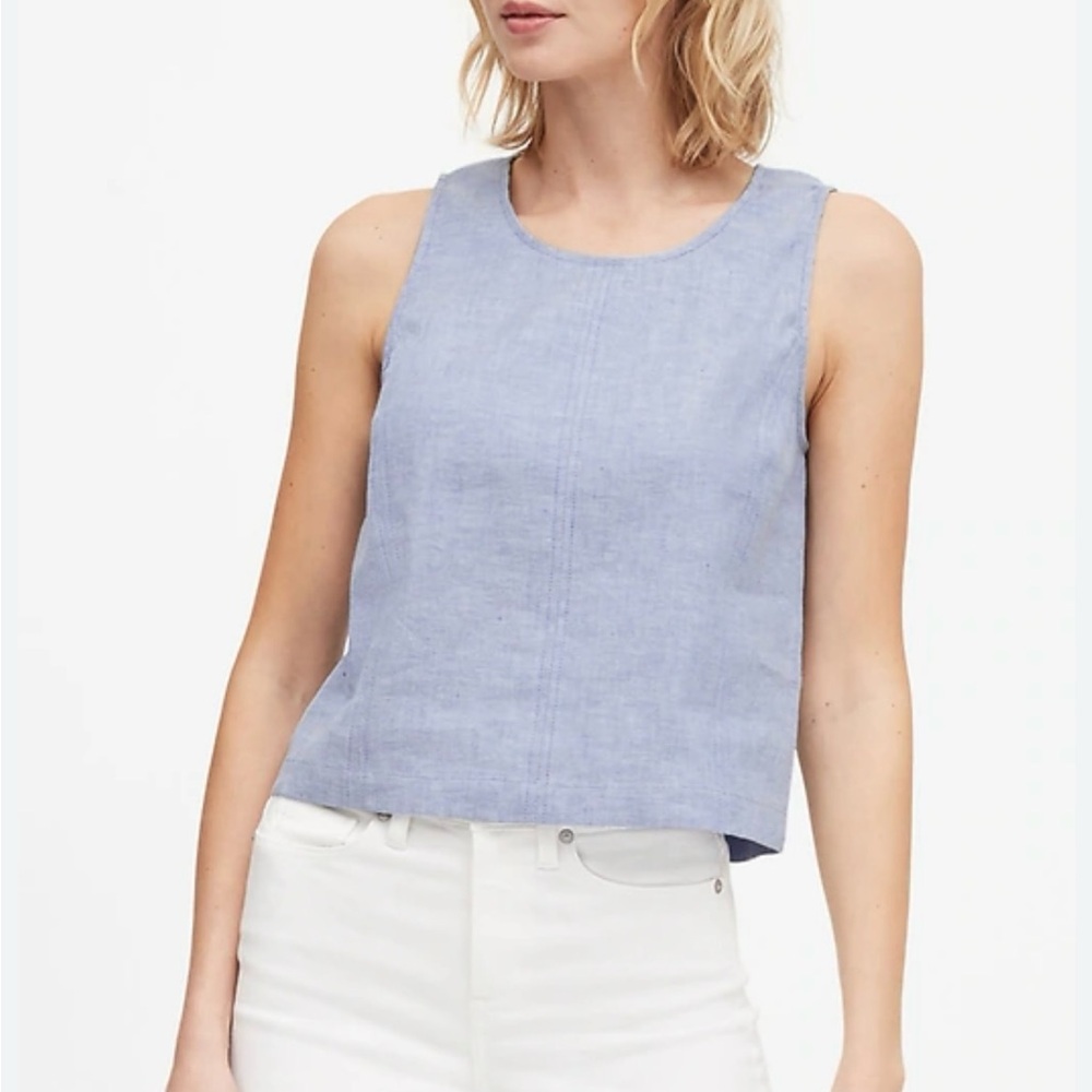 New w. Tags Banana Republic Sky Blue Linen Cotton Cropped Shell Blouse